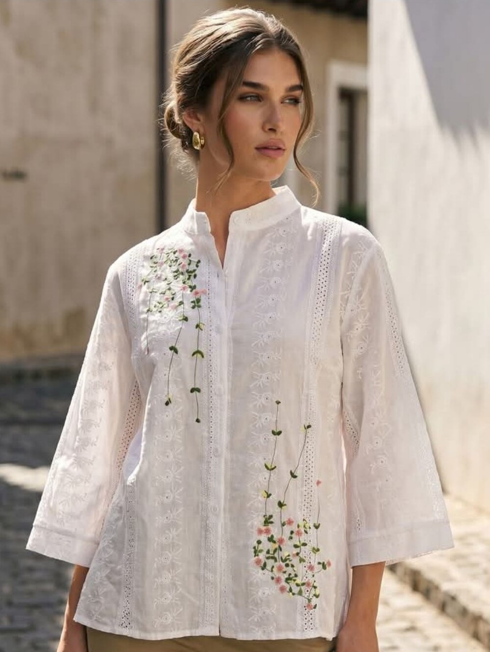 White Embroidered Band Collar Button-Down Shirt